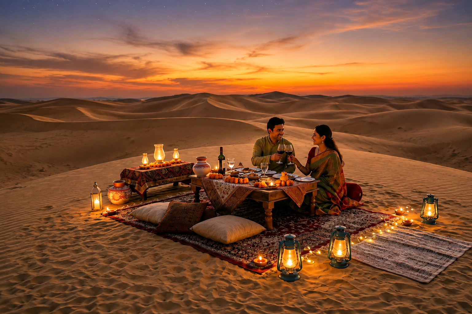 Candlelight dinner setup on the Sam Sand Dunes at dusk