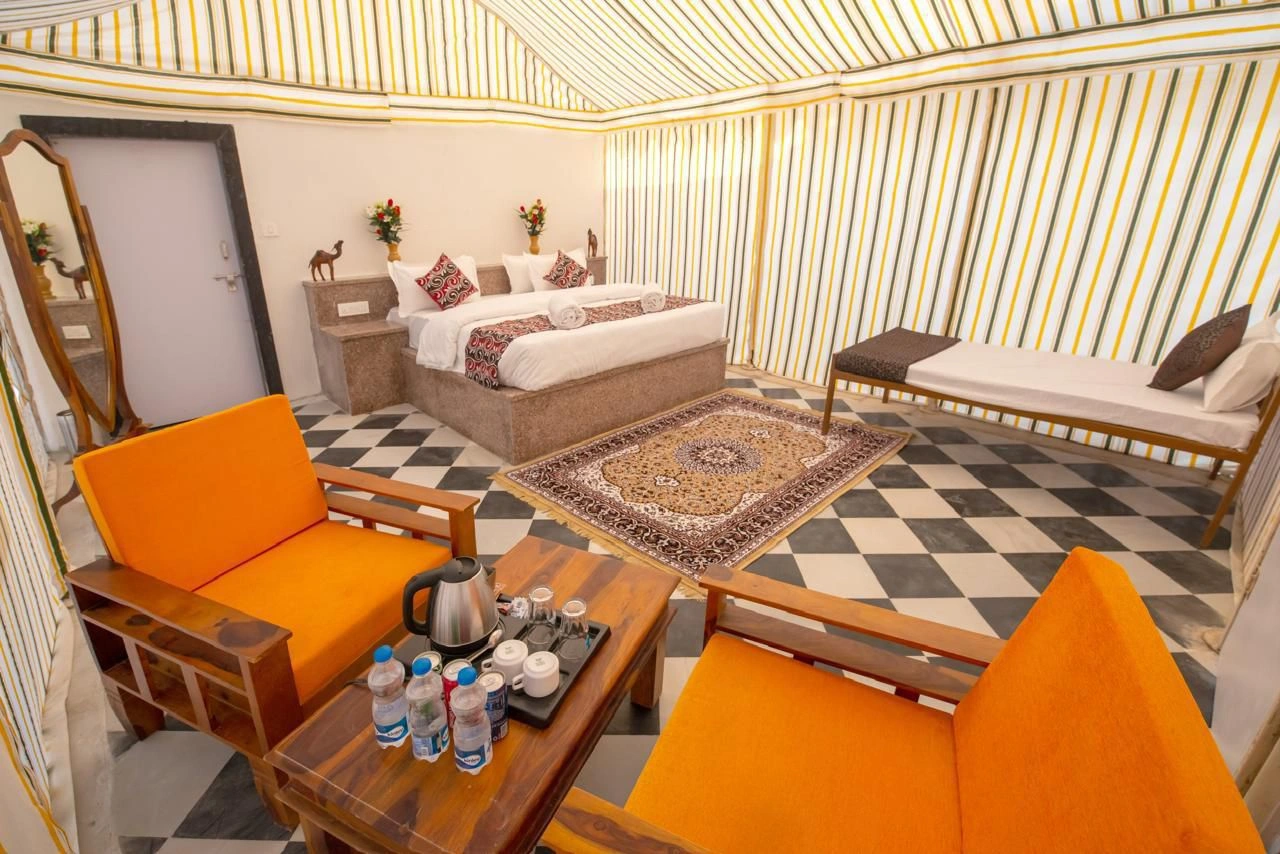 Swiss tent interior seating area