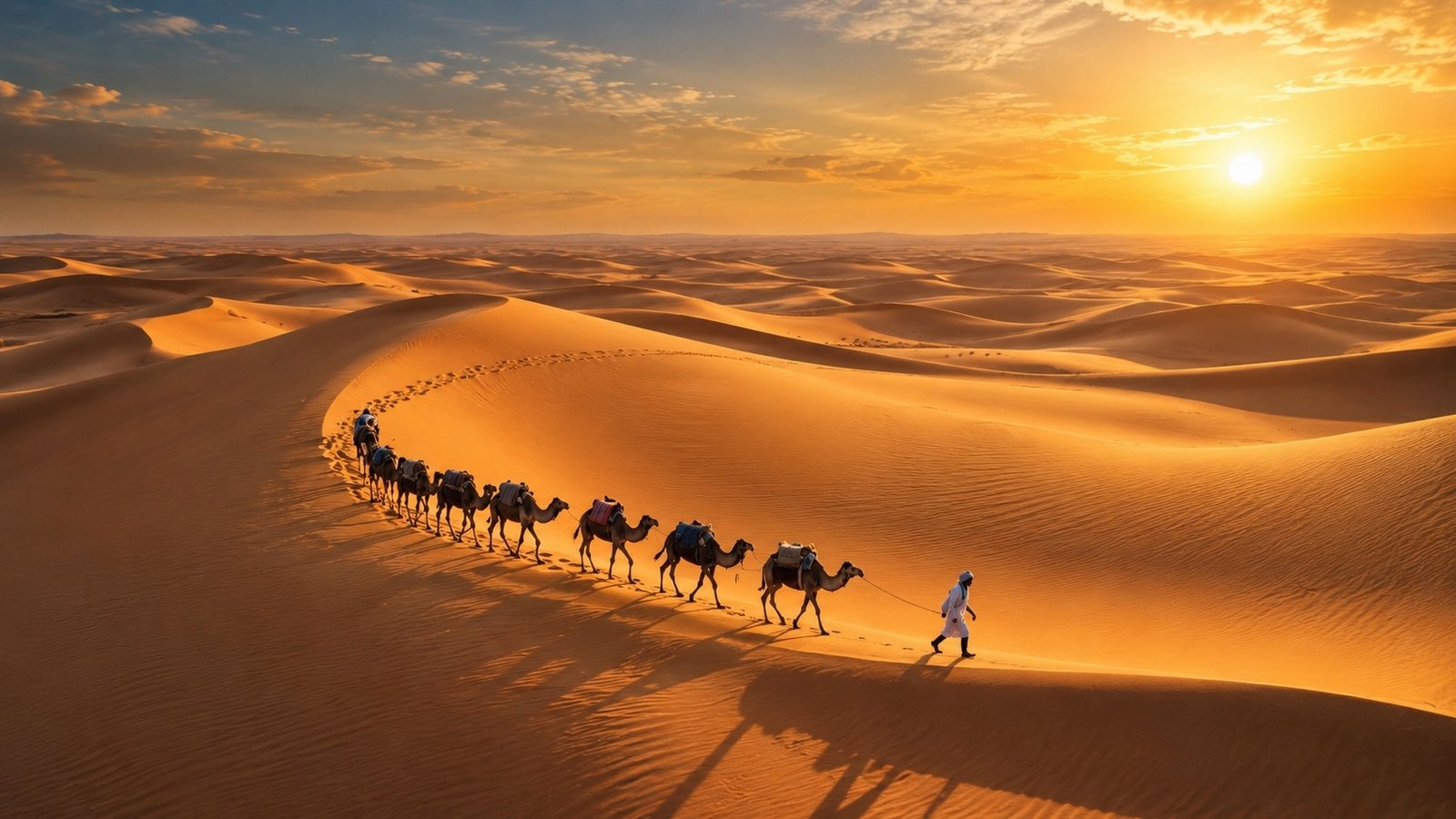 Camel caravan crossing Jaisalmer sand dunes